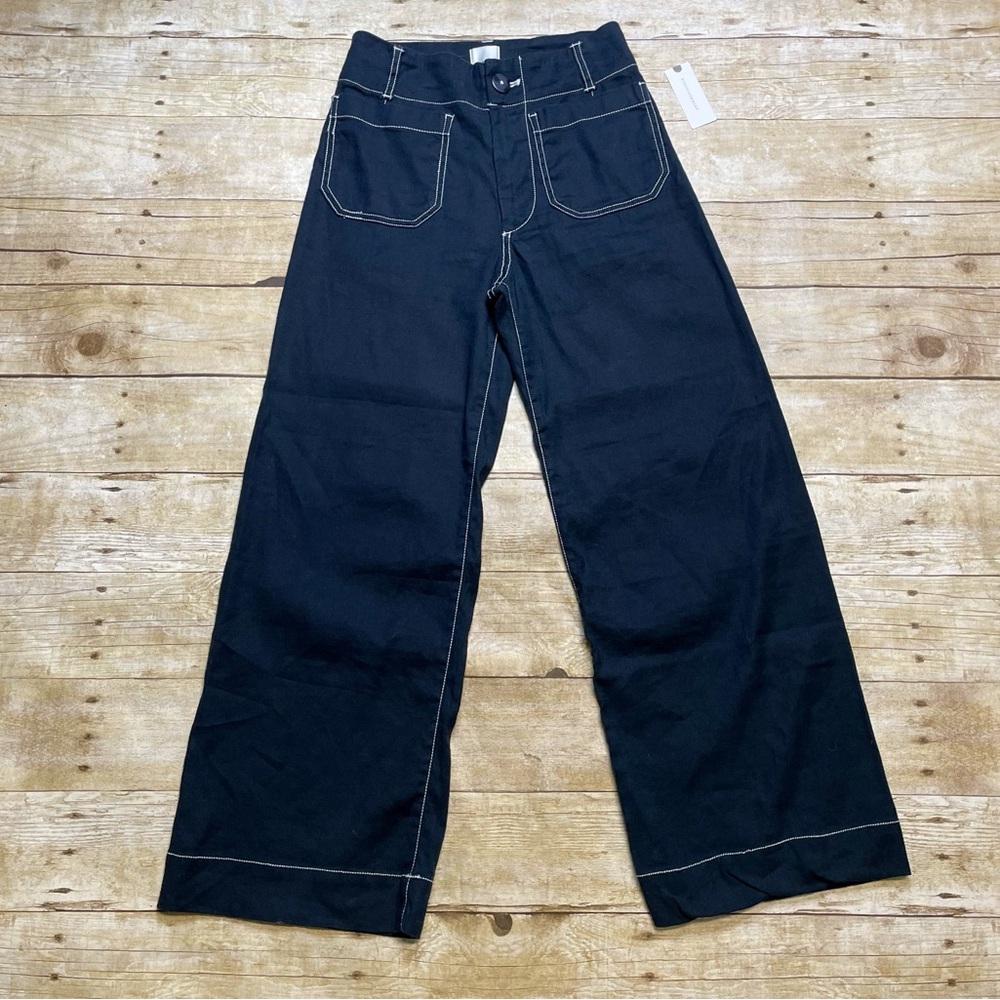 Anthropologie Maeve NWT The Colette Contrast-Stitch Linen Crop Wide Leg Pants - Picture 3 of 10